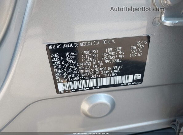 3CZRU5H33NM735271 2022 HONDA HR-V Silver Widok komory silnika
