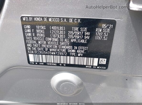 3CZRU5H35MM729972 2021 HONDA HR-V Серый Вид подкапотного пространства