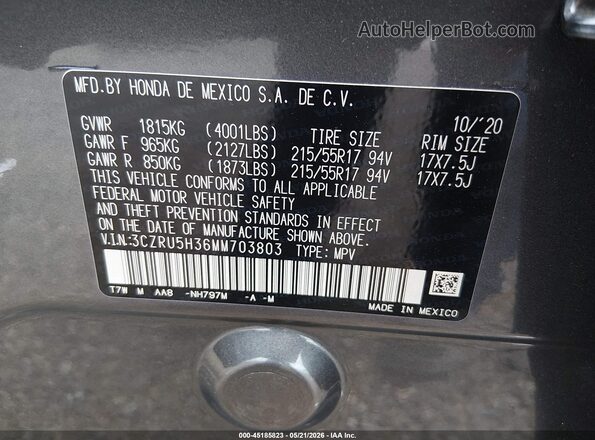 3CZRU5H36MM703803 2021 HONDA HR-V Gray Engine compartment view