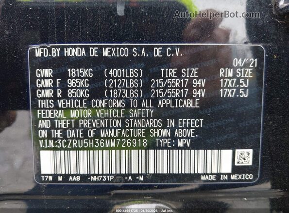 3CZRU5H36MM726918 2021 HONDA HR-V Black Widok komory silnika