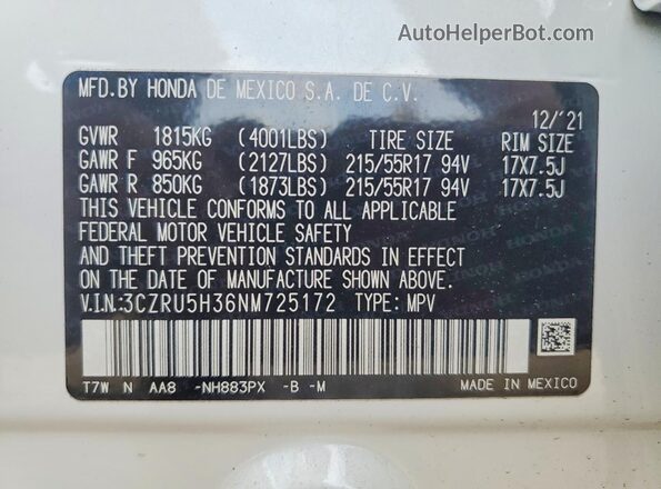 3CZRU5H36NM725172 2022 HONDA HR-V White 360 interior view