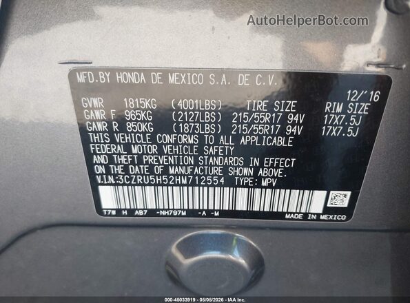 3CZRU5H52HM712554 2017 HONDA HR-V Серый Вид подкапотного пространства