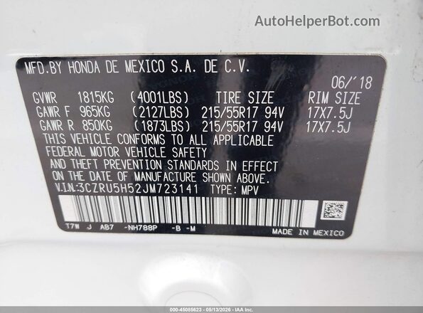 3CZRU5H52JM723141 2018 HONDA HR-V White Engine compartment view