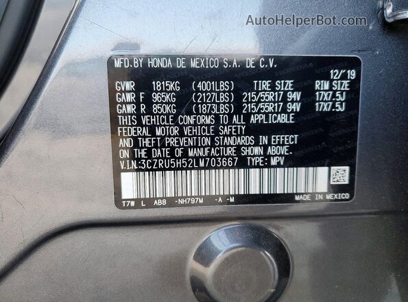 3CZRU5H52LM703667 2020 HONDA HR-V Gray 