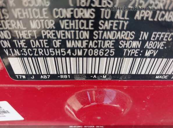 3CZRU5H54JM708625 2018 HONDA HR-V Red Vista del compartimento del motor