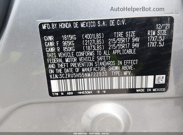 3CZRU5H55NM722930 2022 HONDA HR-V Silver ძრავის განყოფილების ხედი