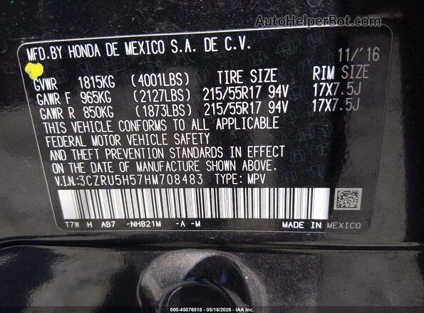 3CZRU5H57HM708483 2017 HONDA HR-V Black Engine compartment view