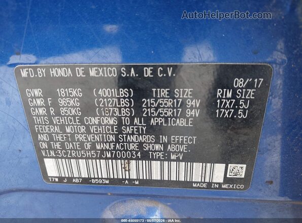 3CZRU5H57JM700034 2018 HONDA HR-V Blue Engine compartment view