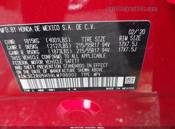 3CZRU5H59LM706002 2020 HONDA HR-V Red Vista del compartimento del motor