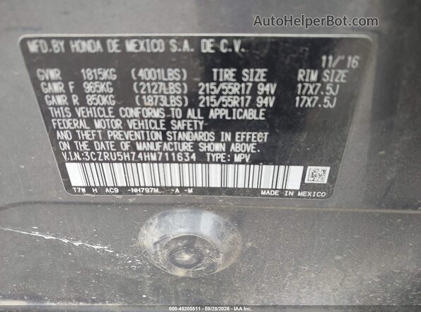 3CZRU5H74HM711634 2017 HONDA HR-V Gray Widok komory silnika