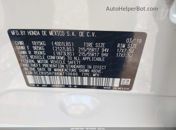 3CZRU5H78KM710686 2019 HONDA HR-V White Vista del compartimento del motor