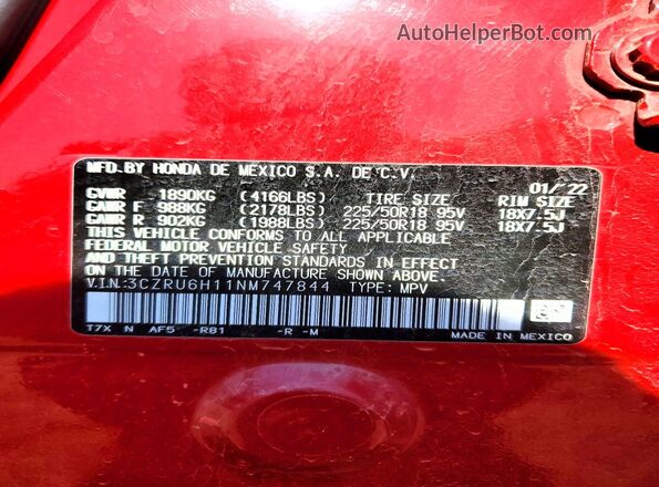 3CZRU6H11NM747844 2022 HONDA HR-V Red 