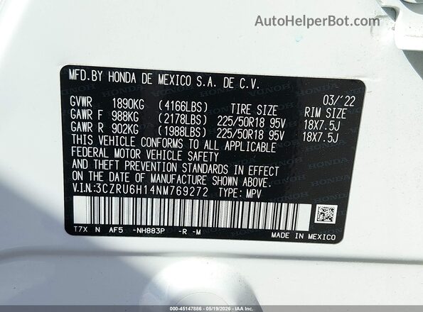 3CZRU6H14NM769272 2022 HONDA HR-V Белый Вид подкапотного пространства