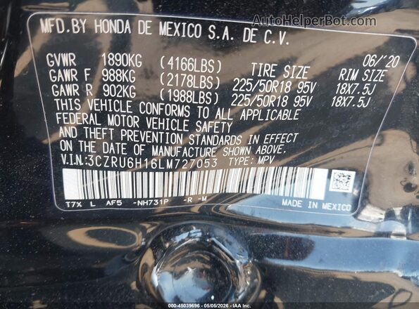 3CZRU6H16LM727053 2020 HONDA HR-V Black Widok komory silnika