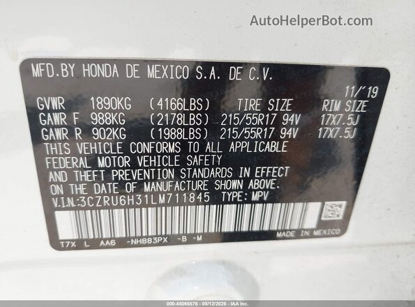 3CZRU6H31LM711845 2020 HONDA HR-V White 
