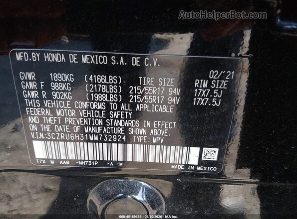 3CZRU6H31MM732924 2021 HONDA HR-V Black Вид підкапотного простору