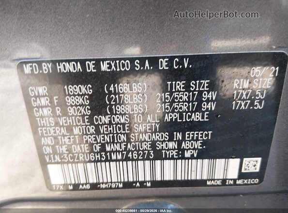 3CZRU6H31MM746273 2021 HONDA HR-V Gray ძრავის განყოფილების ხედი