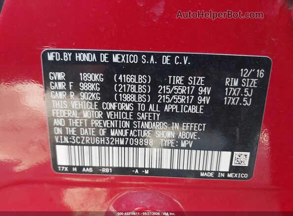 3CZRU6H32HM709898 2017 HONDA HR-V Red ძრავის განყოფილების ხედი