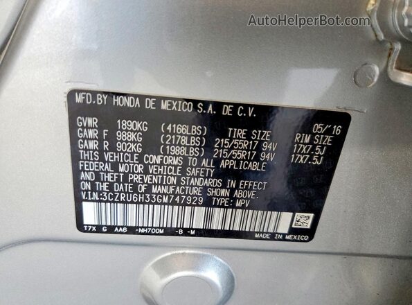 3CZRU6H33GM747929 2016 HONDA HR-V Silver 