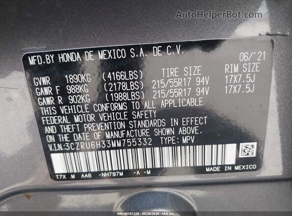 3CZRU6H33MM755332 2021 HONDA HR-V Gray 
