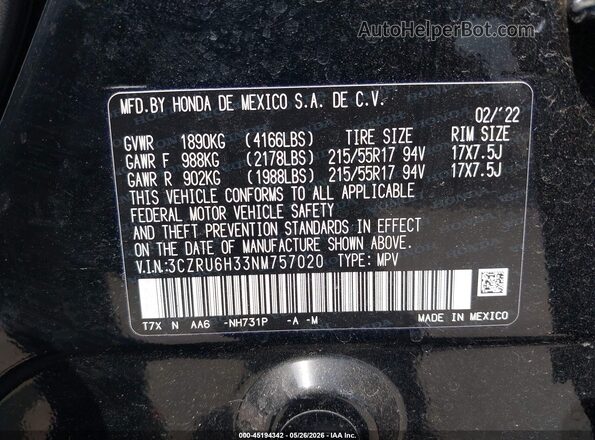 3CZRU6H33NM757020 2022 HONDA HR-V Black Engine compartment view