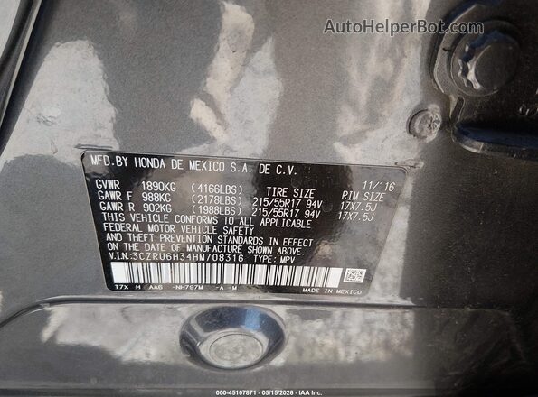 3CZRU6H34HM708316 2017 HONDA HR-V Gray Вид підкапотного простору