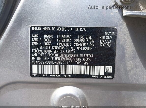 3CZRU6H34JM725705 2018 HONDA HR-V Silver 
