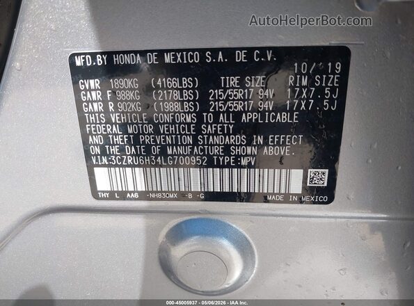 3CZRU6H34LG700952 2020 HONDA HR-V Silver 