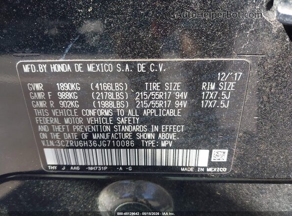 3CZRU6H36JG710086 2018 HONDA HR-V Black Вид підкапотного простору