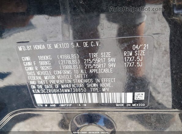 3CZRU6H36MM738850 2021 HONDA HR-V Black Vista del compartimento del motor