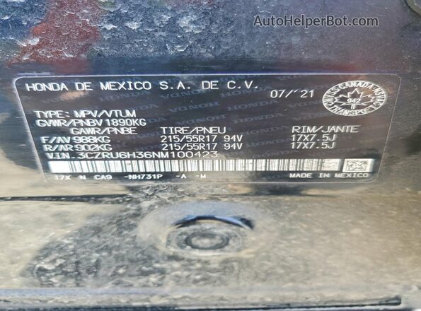 3CZRU6H36NM100423 2022 HONDA HR-V Black VIN კოდის სტიკერის ხედი