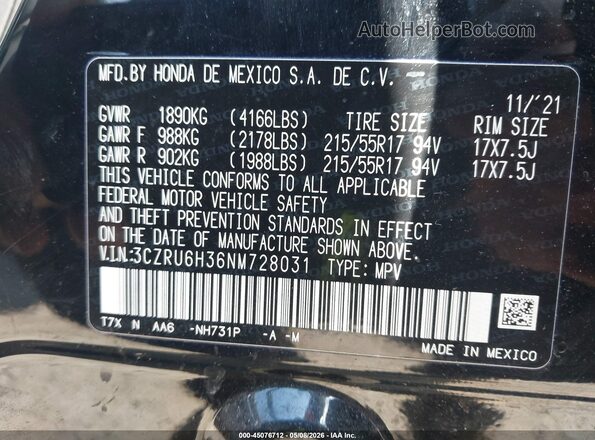 3CZRU6H36NM728031 2022 HONDA HR-V Black Engine compartment view