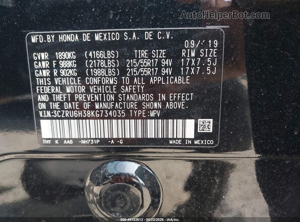 3CZRU6H38KG734035 2019 HONDA HR-V Black Vista del compartimento del motor