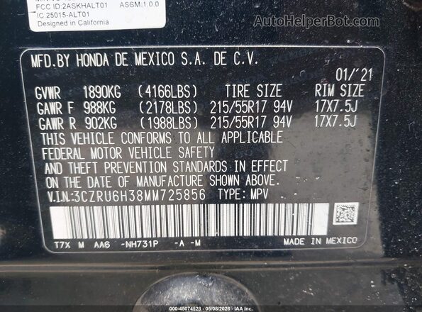3CZRU6H38MM725856 2021 HONDA HR-V Black Engine compartment view