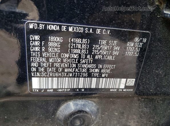 3CZRU6H3XJM731296 2018 HONDA HR-V Black 