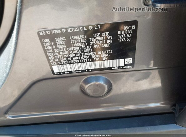 3CZRU6H50KM723971 2019 HONDA HR-V Gray Вид підкапотного простору