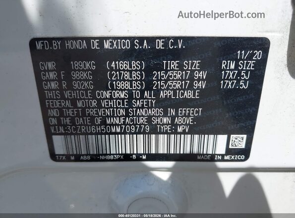 3CZRU6H50MM709779 2021 HONDA HR-V White Շարժիչի բաժամունքի տեսք
