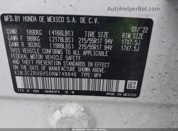 3CZRU6H50NM749846 2022 HONDA HR-V White Widok komory silnika