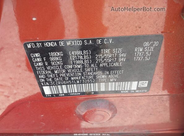 3CZRU6H51LM732552 2020 HONDA HR-V Оранжевый 