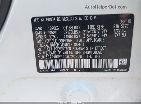 3CZRU6H52GM720206 2016 HONDA HR-V White 