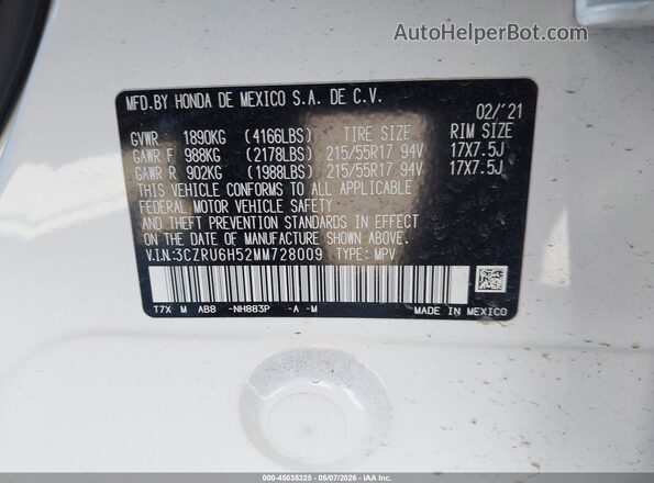 3CZRU6H52MM728009 2021 HONDA HR-V White Вид підкапотного простору