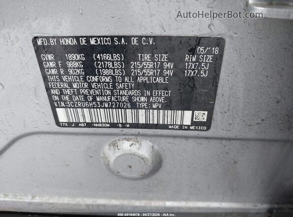 3CZRU6H53JM727026 2018 HONDA HR-V Серебряный 