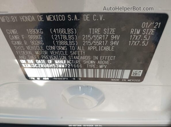 3CZRU6H53MM721666 2021 HONDA HR-V White ძრავის განყოფილების ხედი