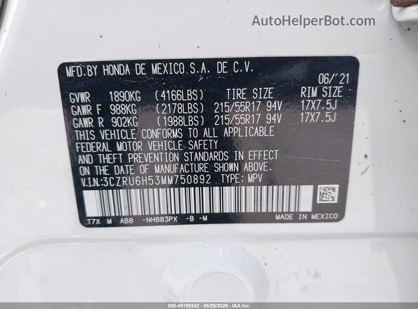 3CZRU6H53MM750892 2021 HONDA HR-V White ძრავის განყოფილების ხედი