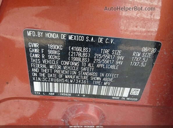 3CZRU6H54LM734361 2020 HONDA HR-V Orange ძრავის განყოფილების ხედი