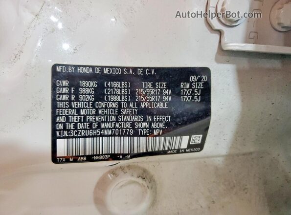 3CZRU6H54MM701779 2021 HONDA HR-V White VIN sticker view