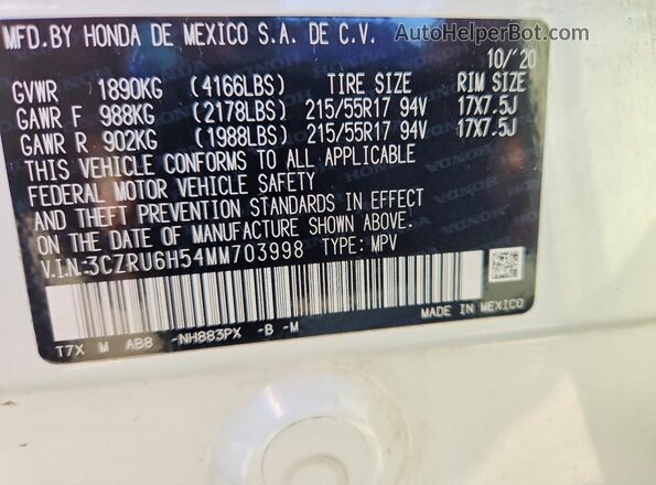 3CZRU6H54MM703998 2021 HONDA HR-V White Widok naklejki z numerem VIN