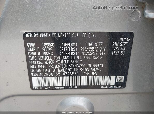 3CZRU6H55HM706561 2017 HONDA HR-V Silver 
