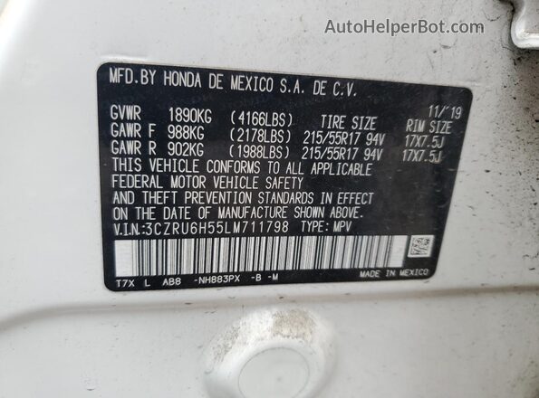 3CZRU6H55LM711798 2020 HONDA HR-V White Vista del compartimento del motor