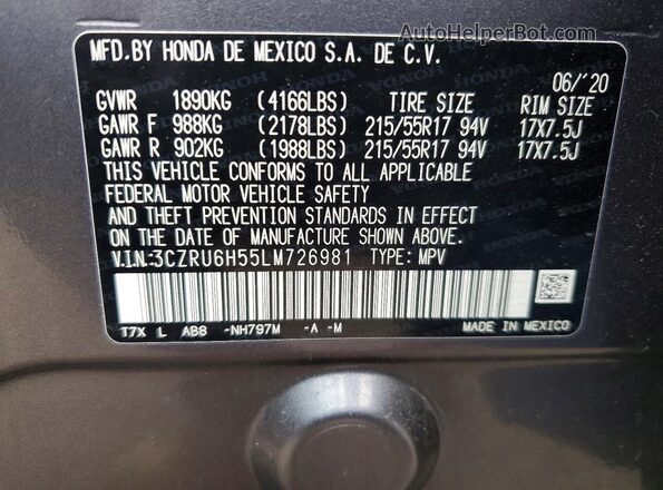 3CZRU6H55LM726981 2020 HONDA HR-V Charcoal Vista de la etiqueta del VIN